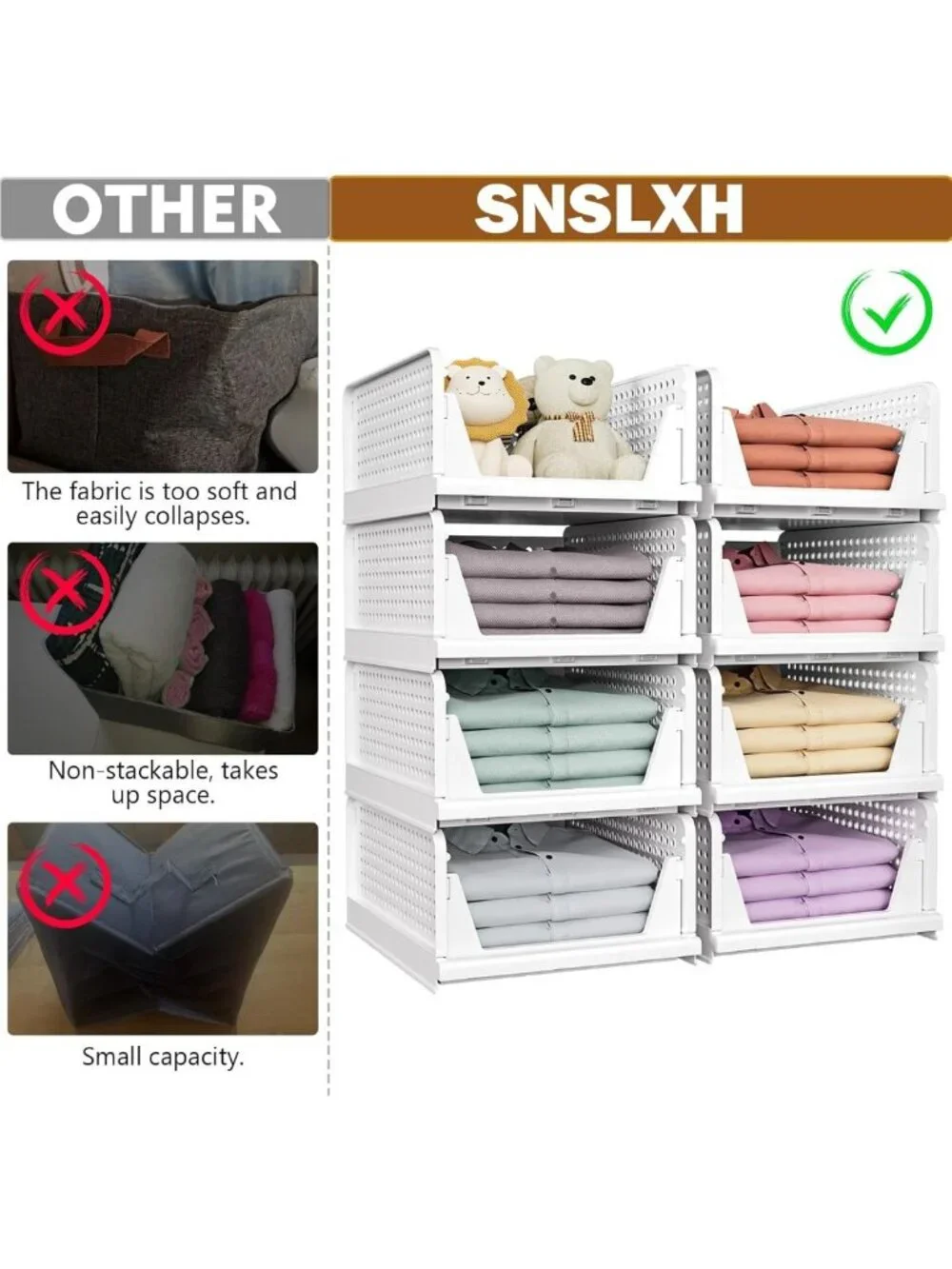 5 Pack Stackable Foldable Closet Organizers & Storage Bins - Space-Saving